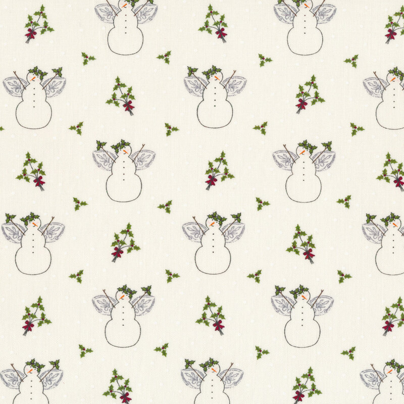 Snowmen with angel wings surrounded by holly and berries on a cream background
