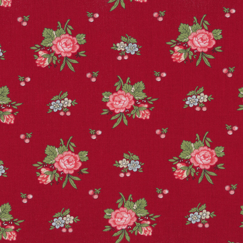 Tossed pink rose bunches and holly berries on a red background