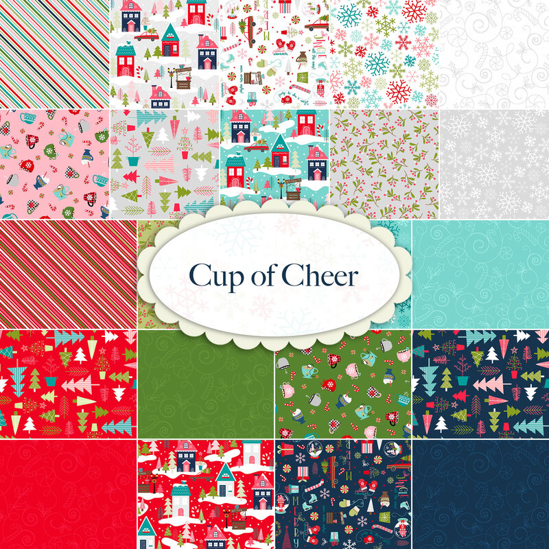 A collage of fabrics included in the Cup of Cheer fabric collection