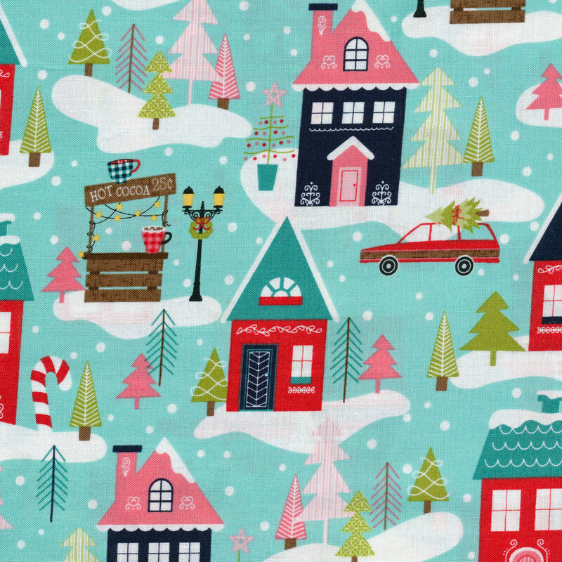 Aqua fabric with classic homes and cars full of presents surrounded by falling snow