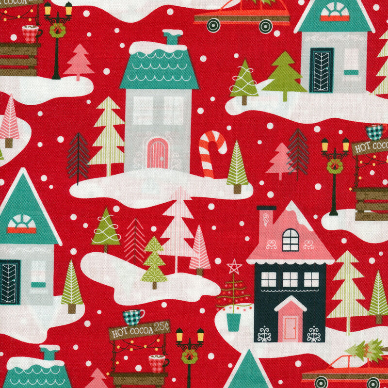 Red fabric with classic homes and cars full of presents surrounded by falling snow