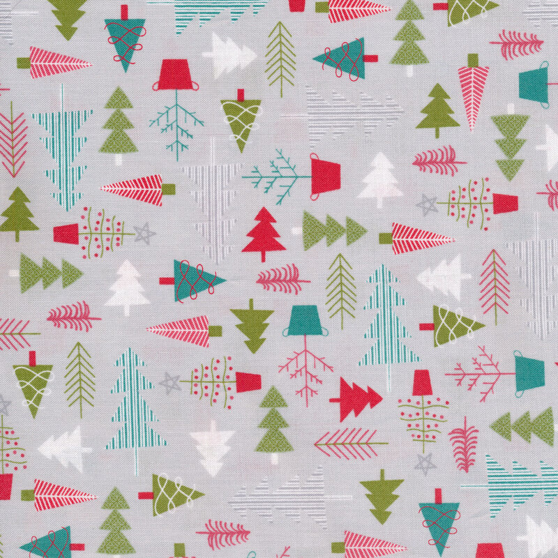 Grey fabric with colorful tossed trees all over