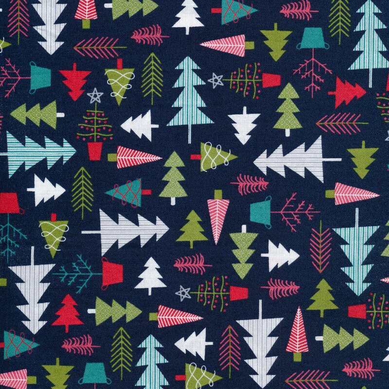 Navy blue fabric with colorful tossed trees all over
