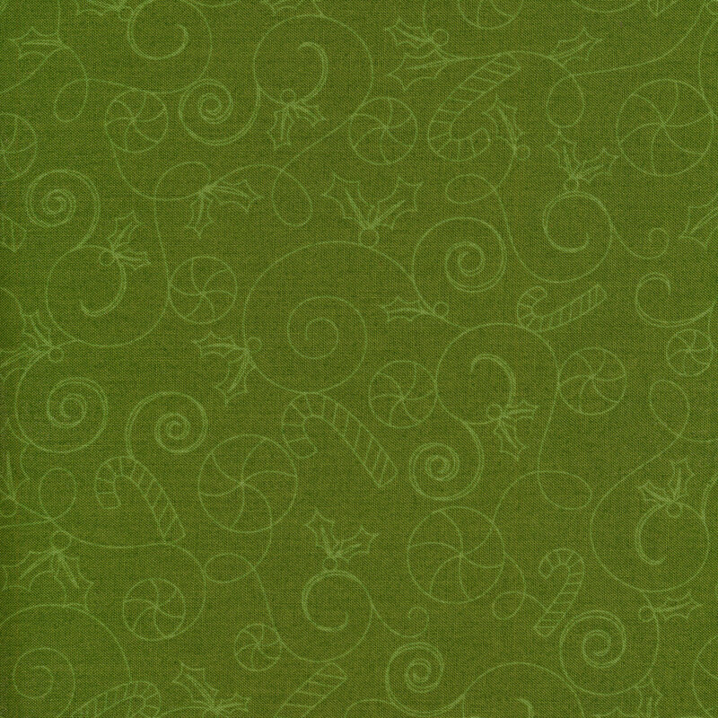 Tonal green outlines of swirls and holiday motifs on a green background