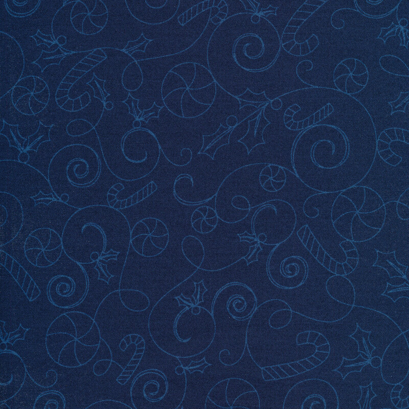Navy blue fabric with light blue outlines of swirls and candies all over