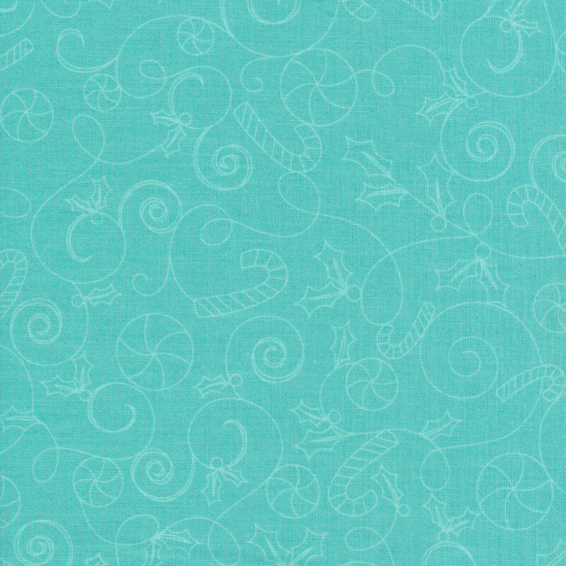 Aqua fabric with light aqua outlines of swirls and candies all over