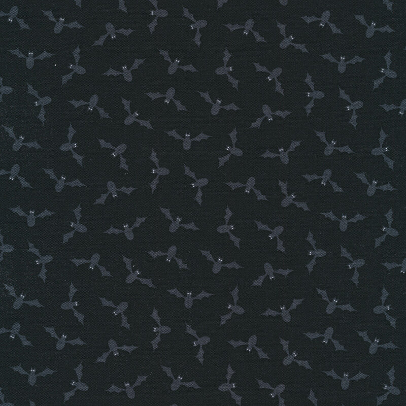 Fabric featuring Charcoal bats tossed on a black background