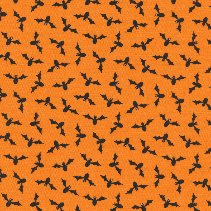 Bright orange fabric with tossed black bats all over