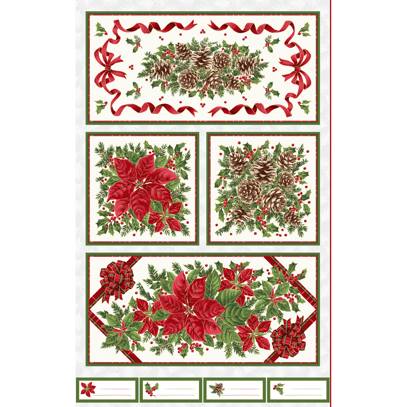 Black Panel featuring pine cones, holly, and poinsettias