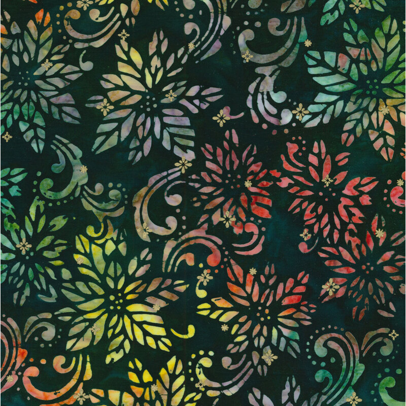 Dark green mottled batik with multi-colored poinsettias and swirls with small gold stars