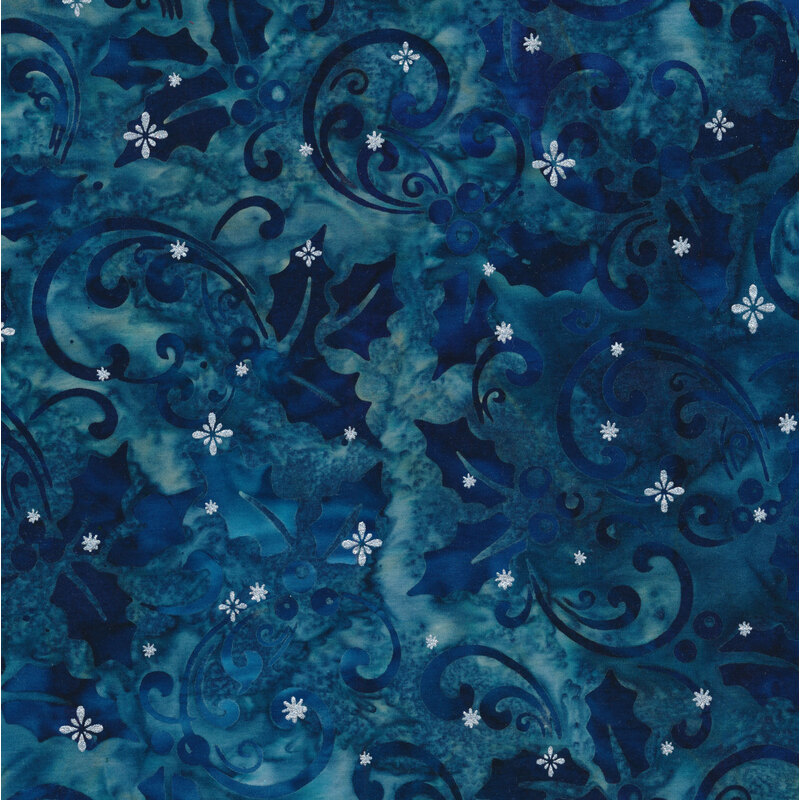 Dark teal batik fabric with dark scrolls and holly leaves and small silver stars