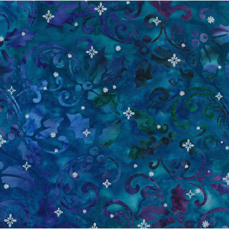 Mottled teal and purple batik fabric with holly leaves, scrolls, and small silver stars