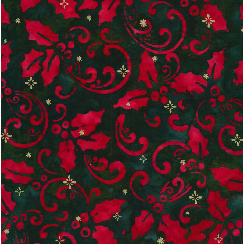 Red holly leaves and scrolls on a dark green mottled background
