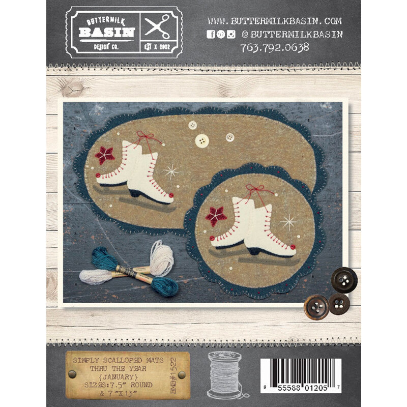 The front of the Simply Sweet Mats January pattern showing the finished mats side by side with the same applique design of ice skates, a red star and snowflakes.