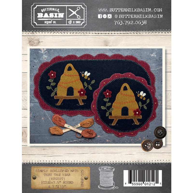 The front of the Simply Scalloped Mats August pattern showing the finished mats side by side each with the same beehive, bee, and flowers.