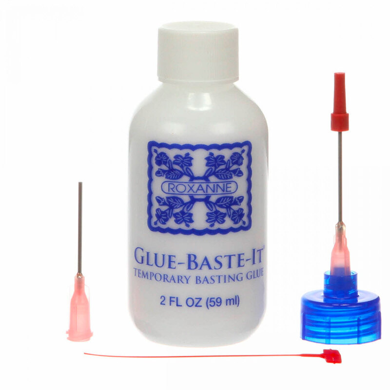 A bottle of Roxanne Glue Baste It with the precision applicators