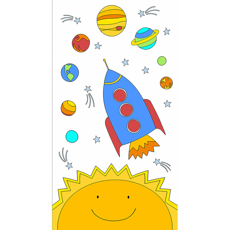 A fabric panel with a smiling sun at one end looking at a space ship traveling to colorful planets
