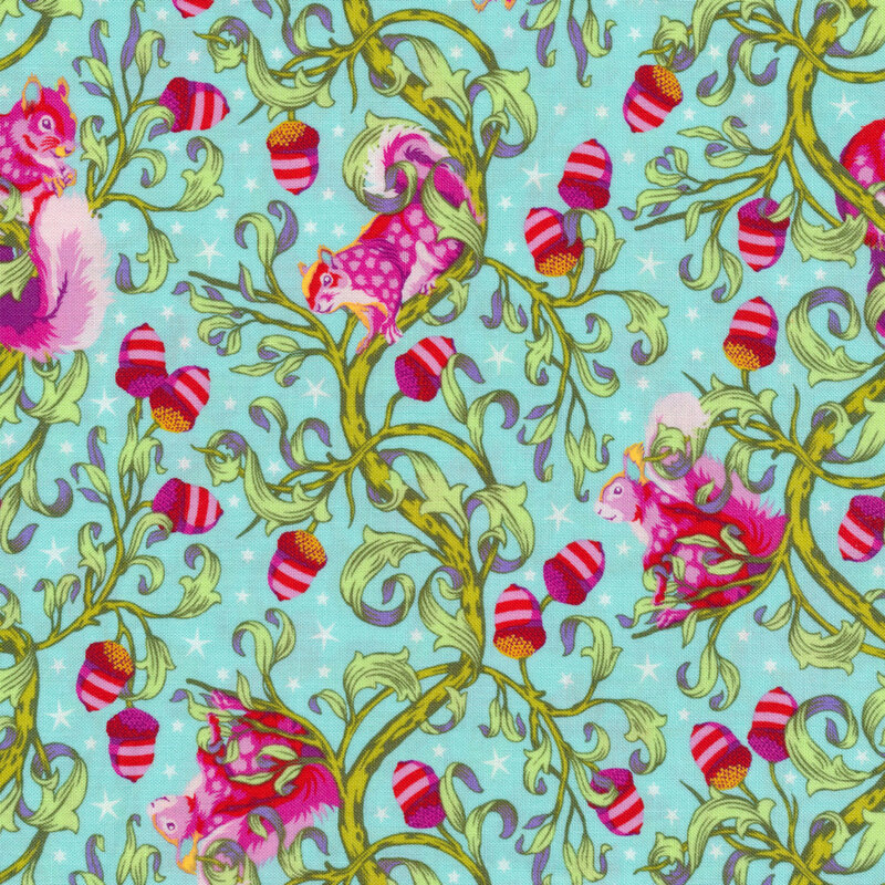 A bright aqua colored fabric with pink squirrels and acorns on bright green vines