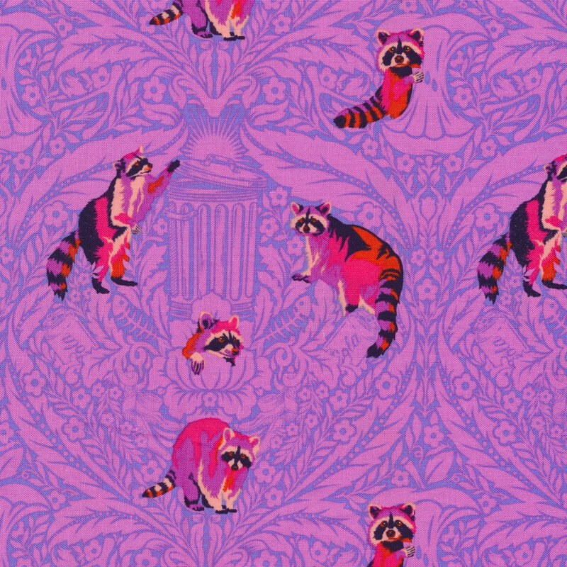 Intricate purple fabric with trash cans, leaves, apple cores, and mischievous raccoons