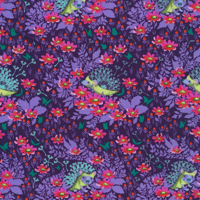 Small aqua and teal hedgehogs surrounded by bright pink flowers on a dark purple background