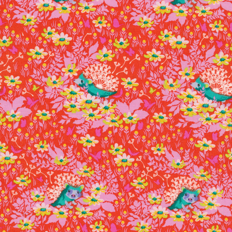 Bright aqua hedgehogs and yellow flowers on a bright red background