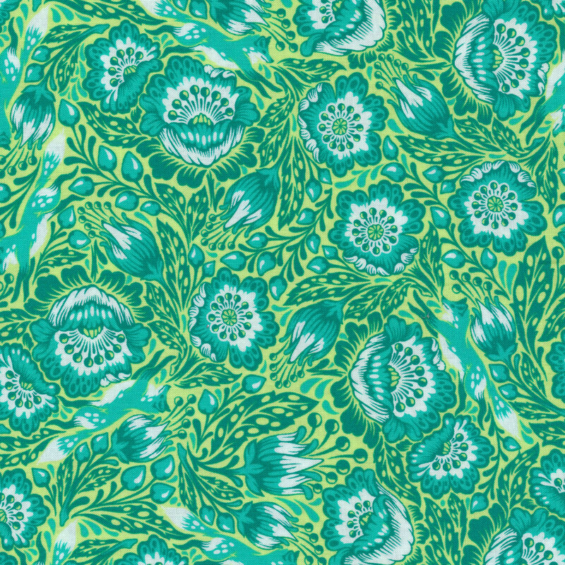 Bright green fabric with light teal foxes dashing between flowers