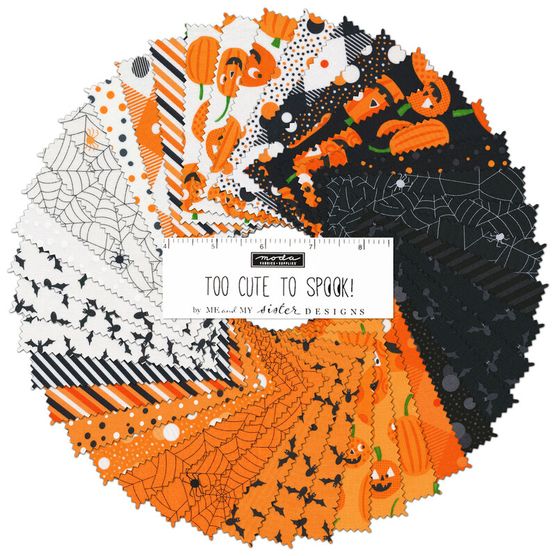 A collage of Halloween fabrics from the Too Cute To Spook Charm Pack by Moda Fabrics