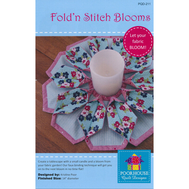 Fold'n Stitch Blooms Pattern front, featuring finished project holding a candle.