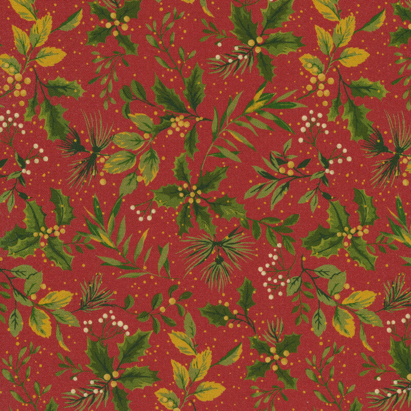 Holly, leaves, and branches on red