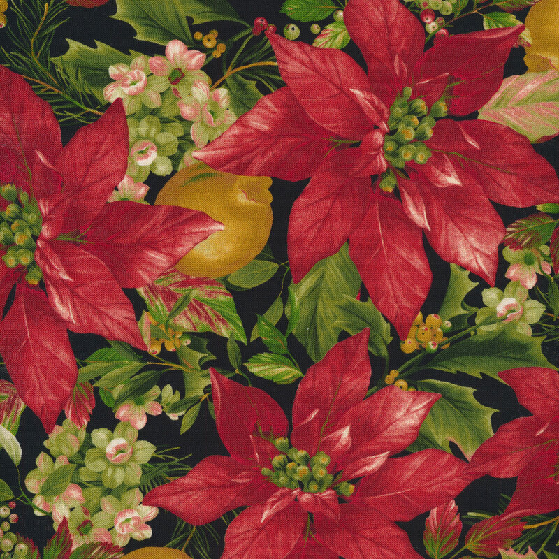 Red poinsettias on black with lemons and green leaves and holly