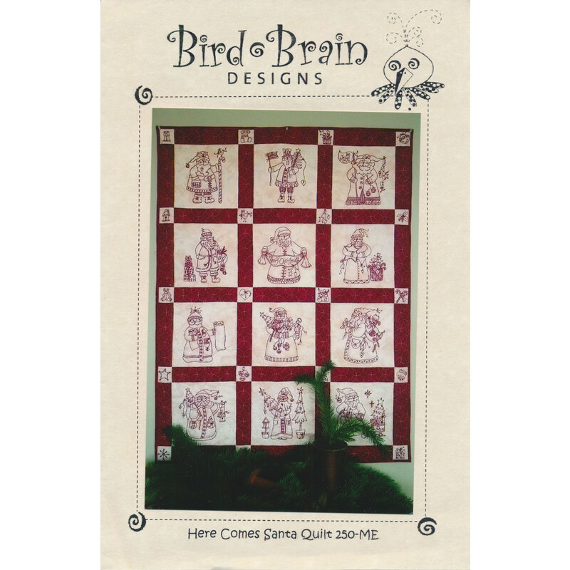 The front of the Here Comes Santa Quilt Machine Embroidery pattern showing all 12 embroidered blocks.