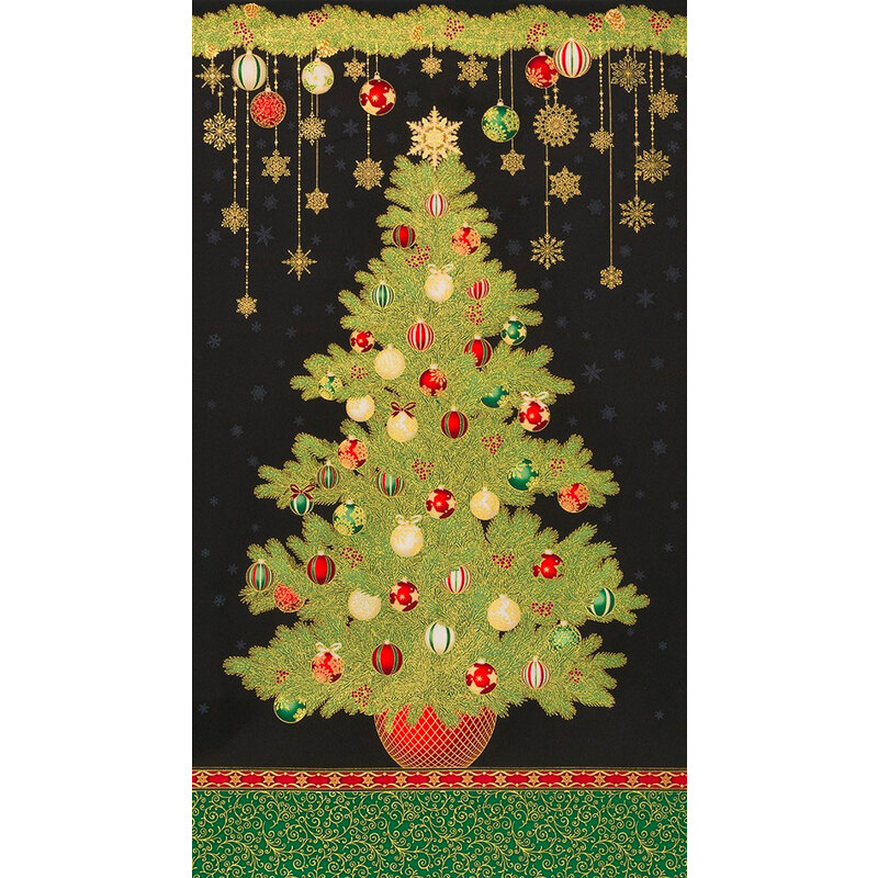 Christmas tree and ornaments on black panel