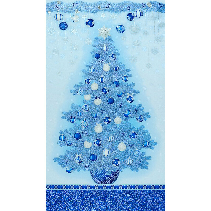 Christmas tree and ornaments on blue panel