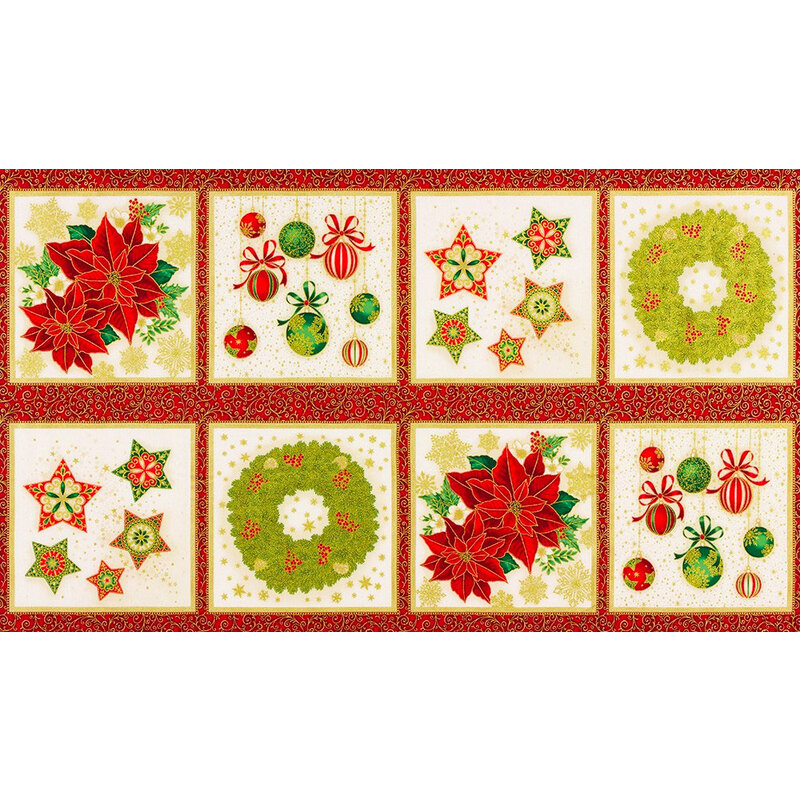 Christmas themed panel featuring blocks of ornaments, wreaths, poinsettias, and stars on cream.