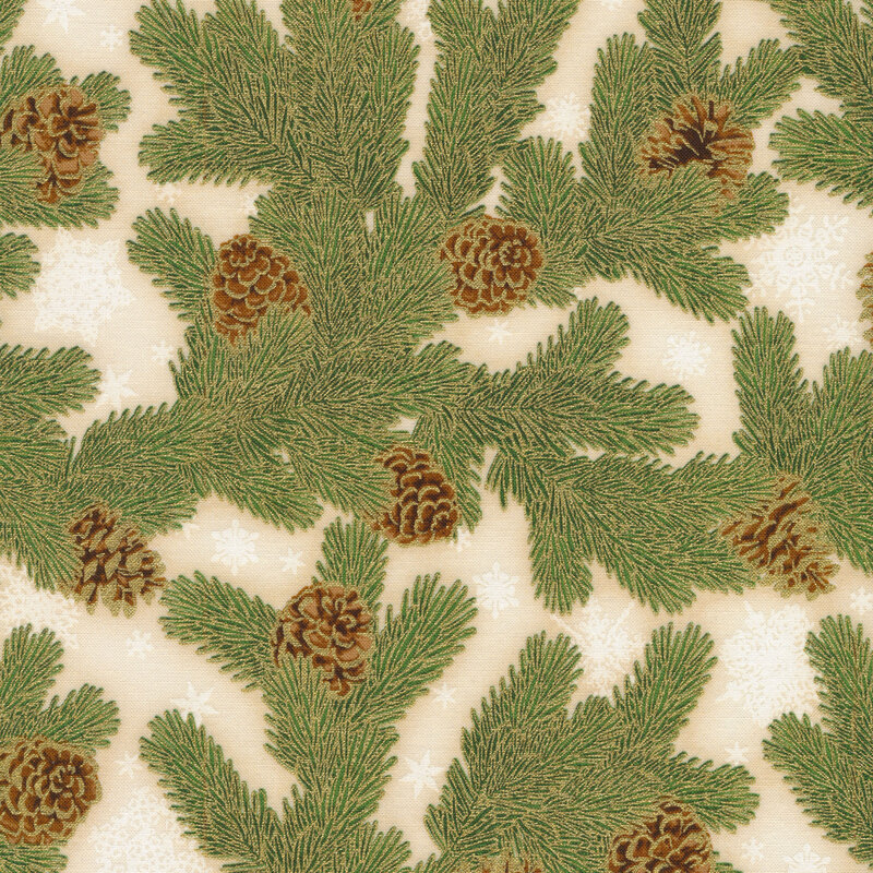 Pine branches and pine cones on ivory