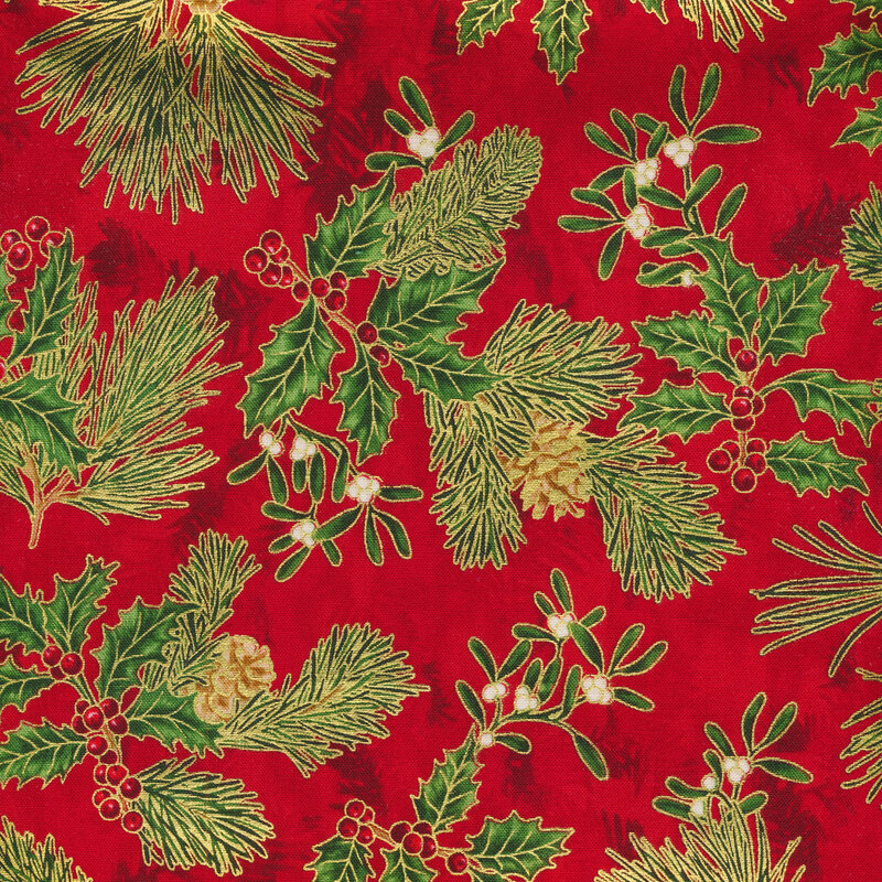 Pine branches and holly on red