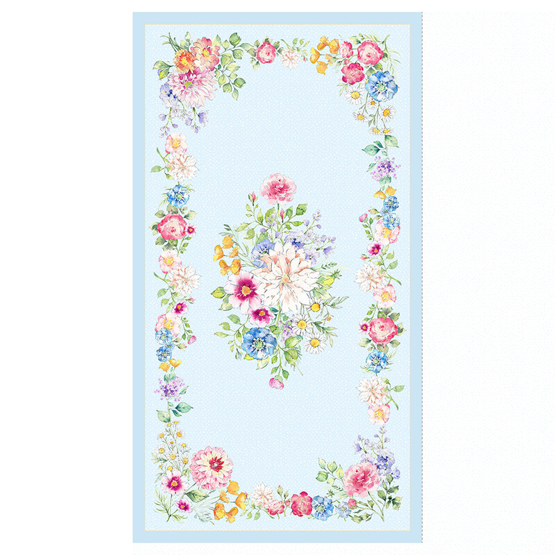 A light blue floral quilt panel included in the Cherish fabric collection