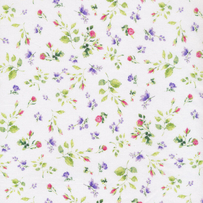 White fabric with small tossed purple and red flowers with green leaves all over