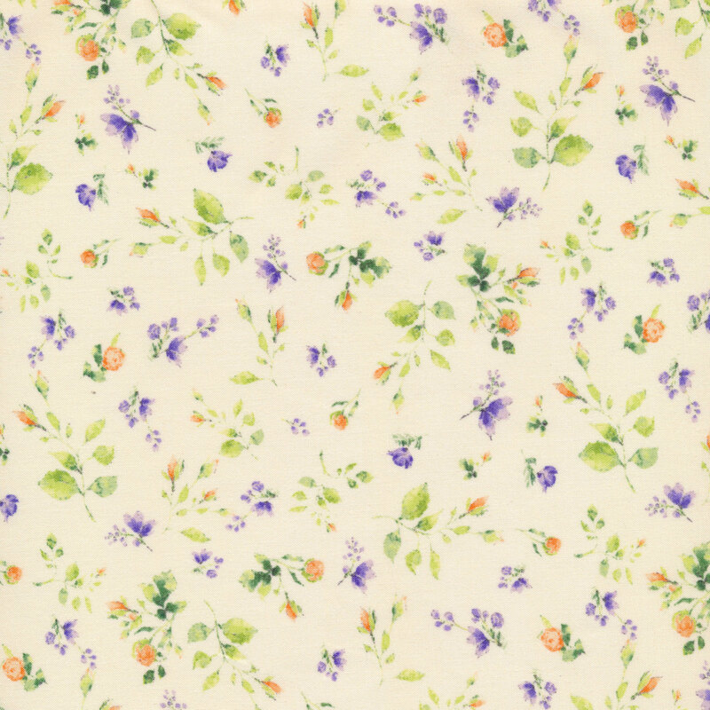 Light yellow fabric with tossed orange and purple flowers with green leaves