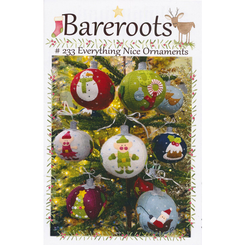 The front of the Everything Nice Ornaments pattern by Bareroots featuring 8 different ornaments with snowmen, elves, Santa, Christmas tree, and more.