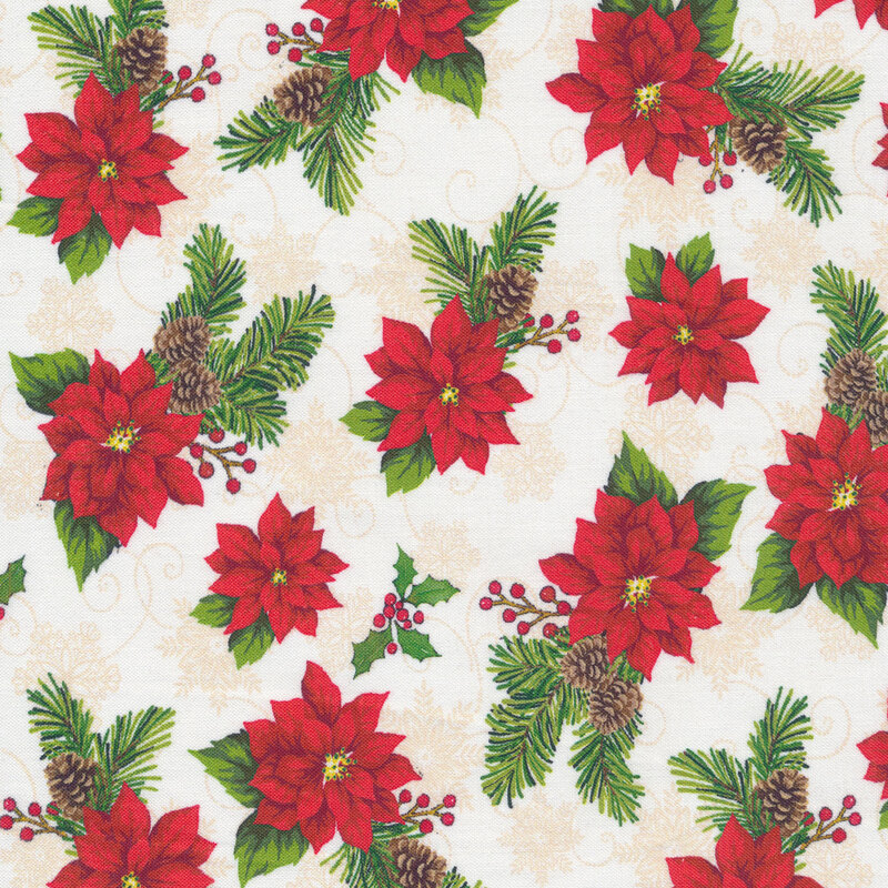 cream fabric with bright red poinsettias, pine sprigs, dotted scrolls and snowflakes