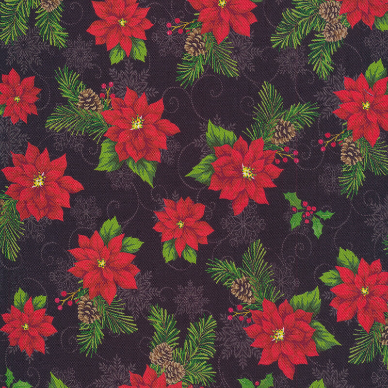 black fabric with bright red poinsettias, pine sprigs, dotted scrolls and snowflakes