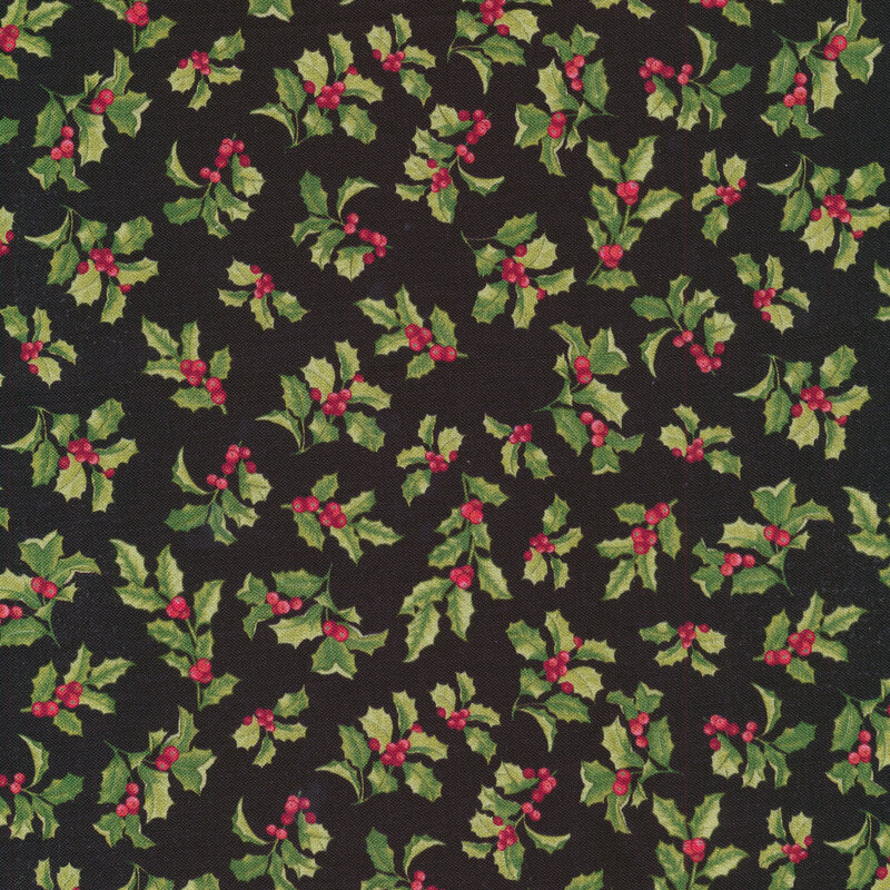 black fabric with green holly bunches and small bright red berries all over