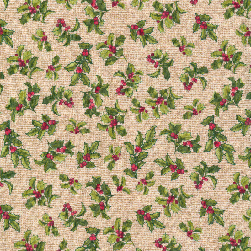 light tan burlap texture fabric with green holly bunches and small bright red berries all over