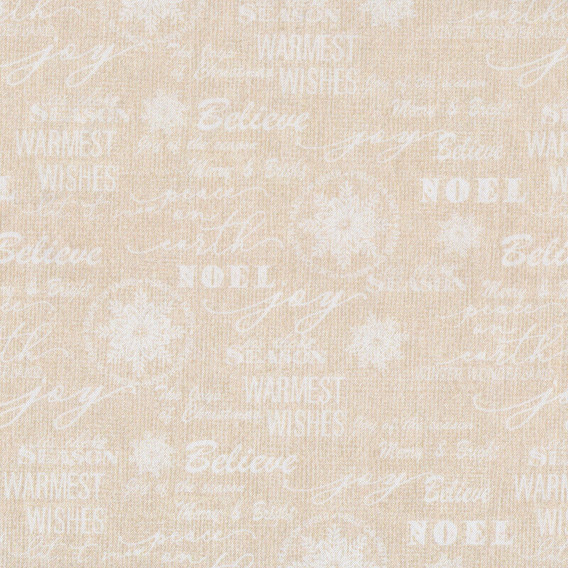 Cream burlap textured fabric with white snowflakes and words of inspiration all over