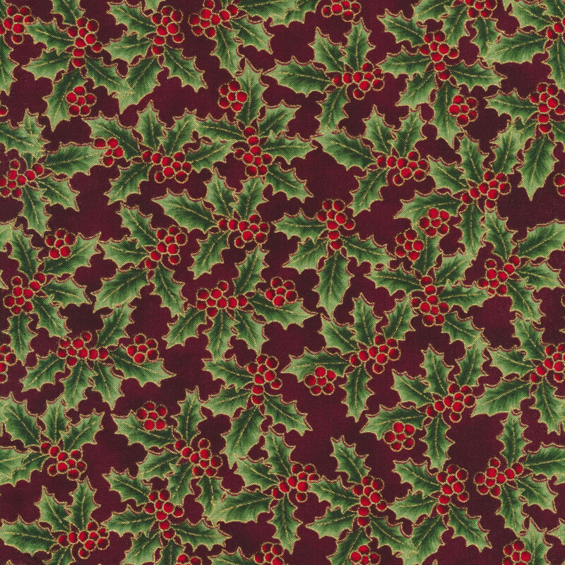 Holly with gold metallic outlines on a scarlet fabric
