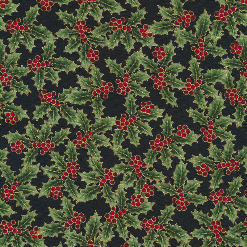 Holly with gold metallic outlines on a black fabric