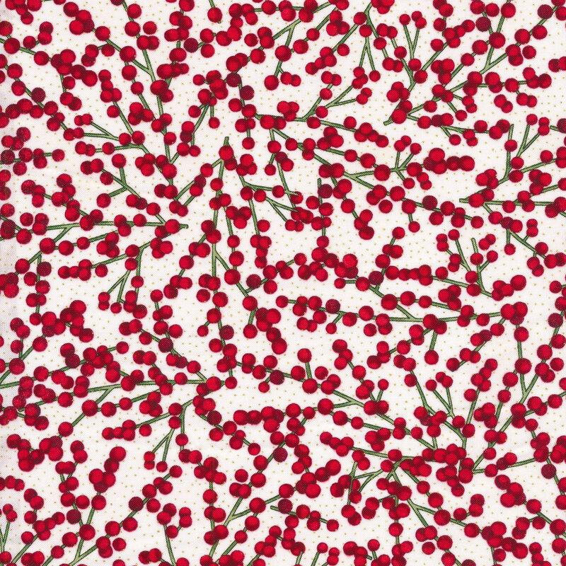 Gold metallic dots and winter berries on a natural fabric