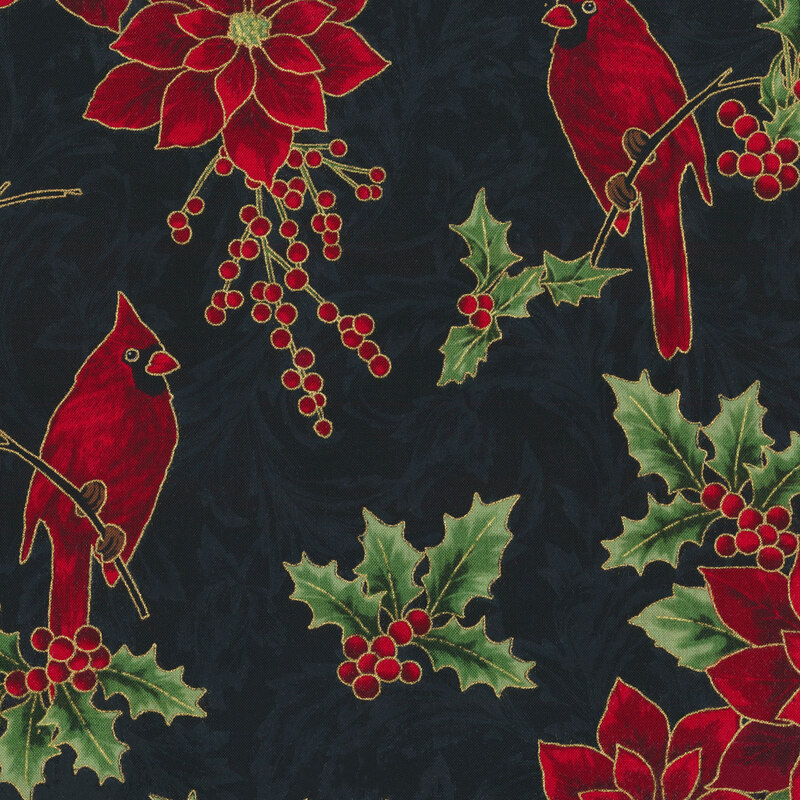 Poinsettias, holly, and cardinals, with gold metallic outlines on a black fabric