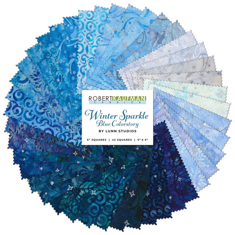 A collage of blue winter fabrics from the Artisan Batiks: Winter Sparkle Blue Charm Pack